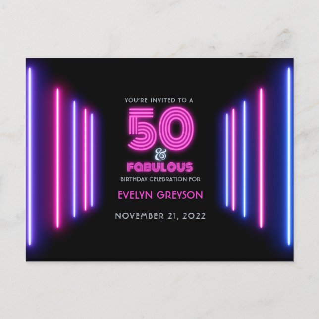 Invitation Carte Postale Pink Neon 50 & Fabulous 50th Birthday Party (Devant)