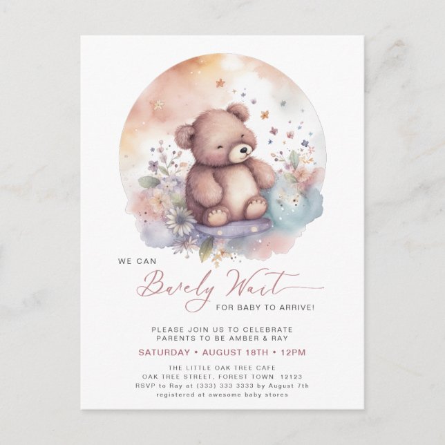 Invitation Carte Postale Pink On Peut Attendre Plus Tard Baby shower Fille  (Devant)