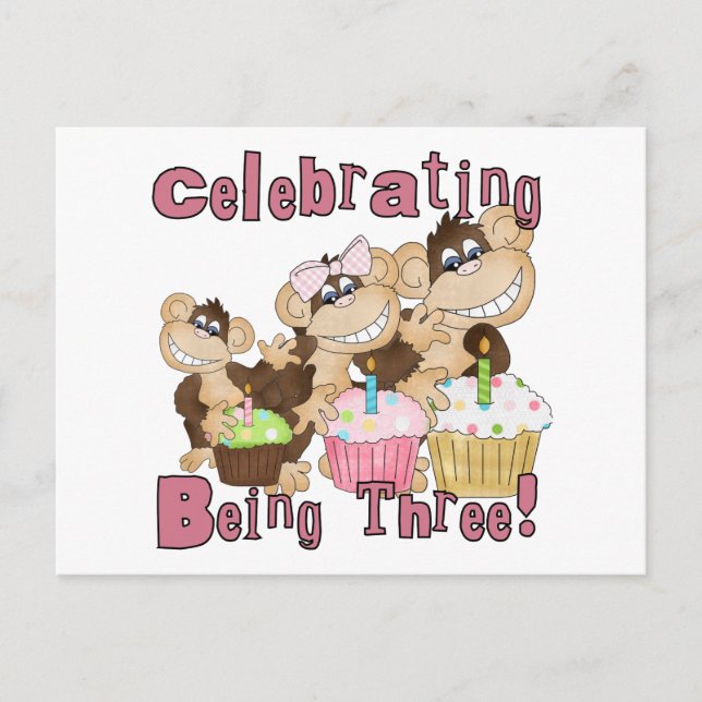 Invitation Carte Postale Pink Party Monkey 3e Anniversaire Tshirts et cadea (Devant)