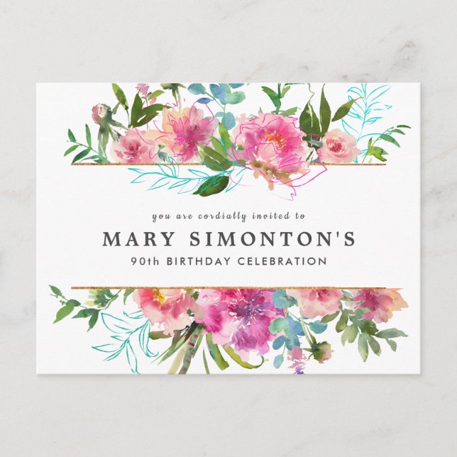 Invitation Carte Postale Pink Peony 90e anniversaire (Devant)
