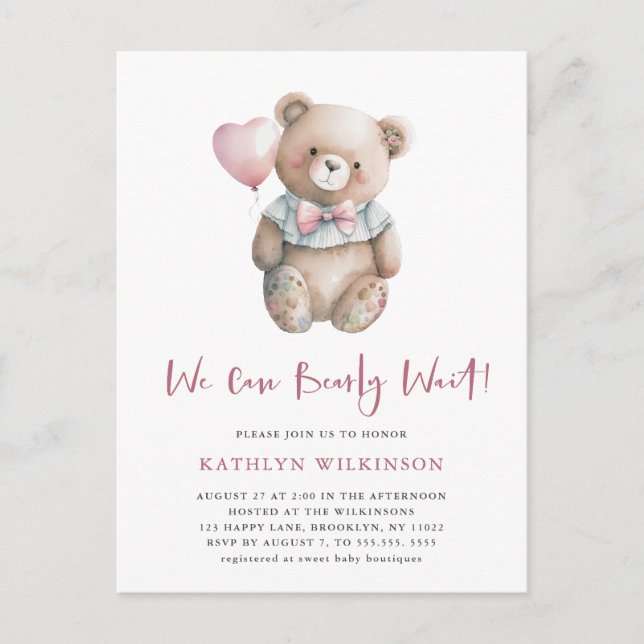 Invitation Carte Postale Pink Teddy Nous Pouvons Attendre Un Baby shower Fi (Devant)