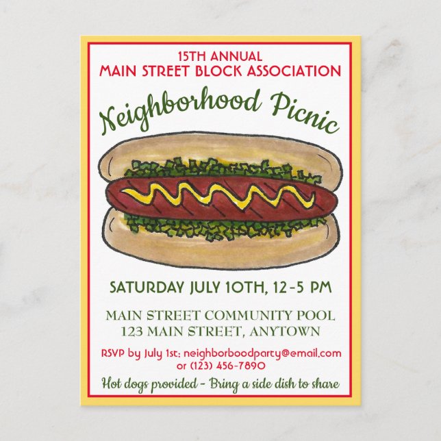 Invitation Carte Postale Pique-nique de réouverture du quartier des hot-dog (Devant)