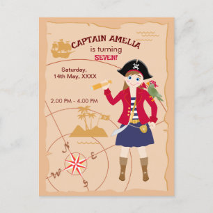 Invitation Carte Postale Pirate Girl Treasure Map Amusant Anniversaire Fête