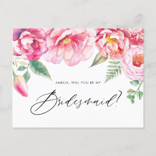 Invitation Carte Postale Pivoines roses à l'aquarelle Veux-tu être ma demoi