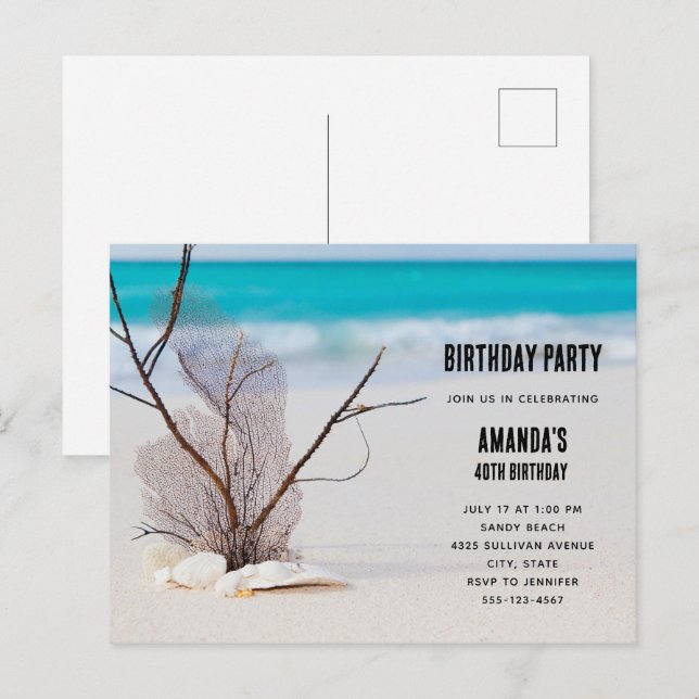 Invitation Carte Postale Plage tropicale aux coquillages blancs Anniversair (Devant / Derrière)