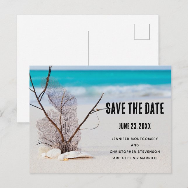 Invitation Carte Postale Plage tropicale aux coquillages blancs Sauvez la d (Devant / Derrière)