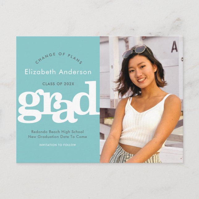 Invitation Carte Postale Plan de changement turquoise graduation typographi (Devant)