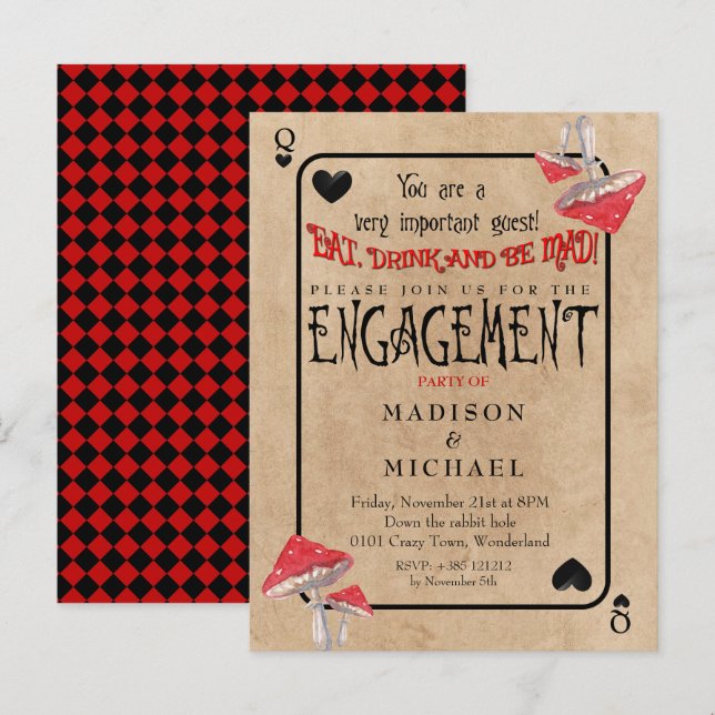 Invitation Carte Postale Playing Card Crazy Mushrooms Engagement Party (Devant / Derrière)
