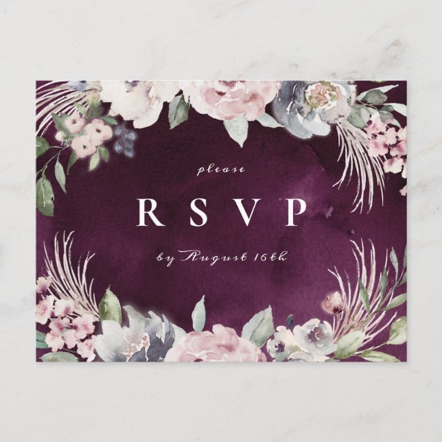 Invitation Carte Postale Plum et boho rose poussiéreux mariage rustique flo (Devant)