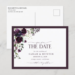 Invitation Carte Postale Plum Purple Floral Script Mariage Enregistrer La D