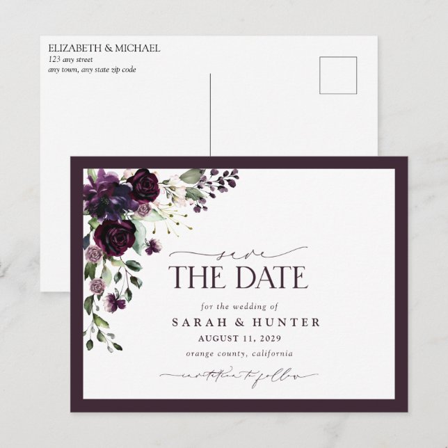 Invitation Carte Postale Plum Purple Floral Script Mariage Enregistrer La D (Devant / Derrière)