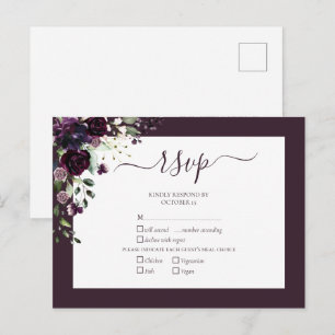 Invitation Carte Postale Plum Purple Floral Script Wedding RSVP
