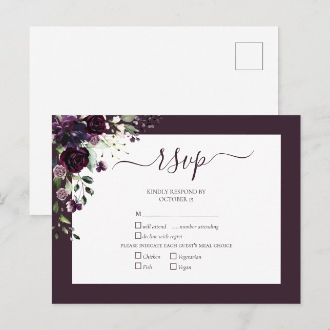 Invitation Carte Postale Plum Purple Floral Script Wedding RSVP (Devant / Derrière)