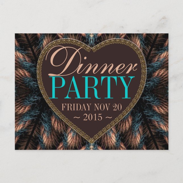 Invitation Carte Postale Plumes turquoises fractées Dîner de fête Invitatio (Devant)