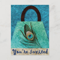 Invitation carte postale pochette plume de paon