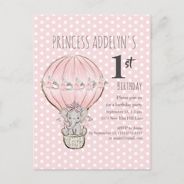 Invitation Carte Postale Points de ballon rose Princesse Eléphant 1er anniv (Devant)