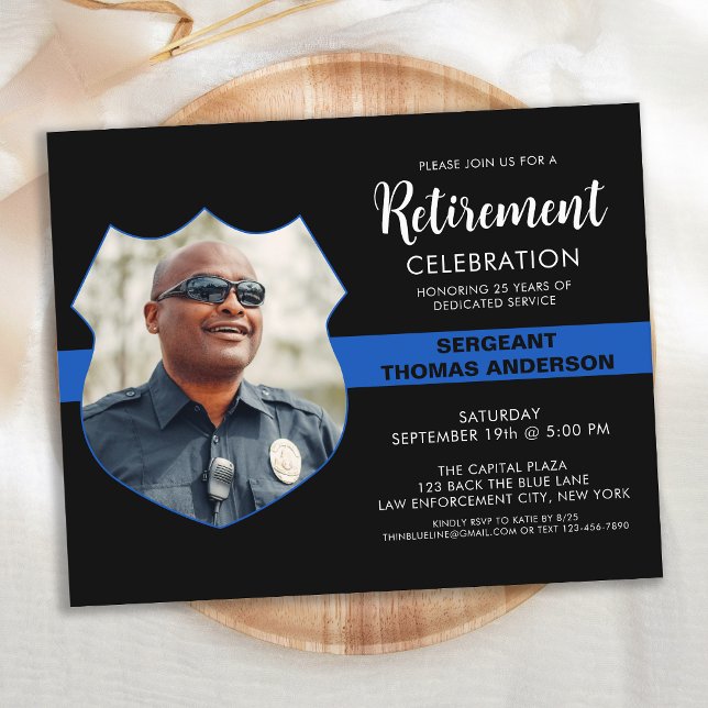 Invitation Carte Postale Police Retraite Party Photo Ligne Bleue Mince (Créateur téléchargé)
