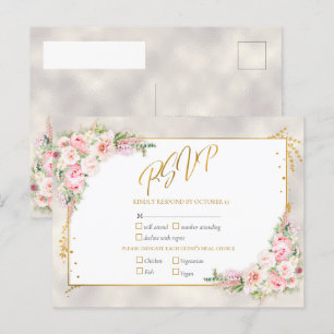 Invitation Carte Postale Pony rose Floral Or Script & Frame RSVP