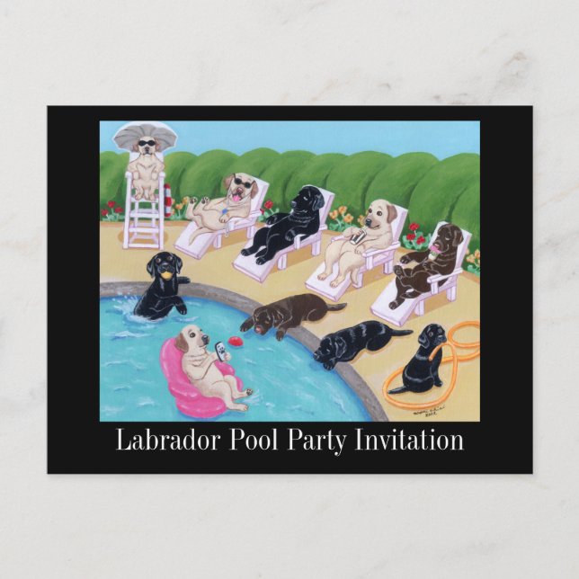Invitation Carte Postale Poolside Party labradors peinture (Devant)