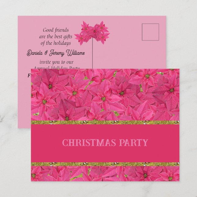 Invitation Carte Postale Potsettias Fuchsia, Noël personnalisé (Devant / Derrière)