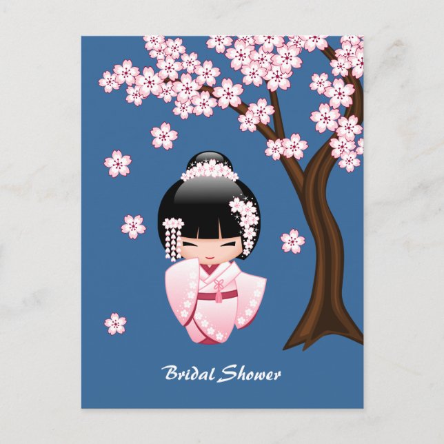 Invitation Carte Postale Poupée blanche Kimono Kokeshi - Fête des mariées (Devant)