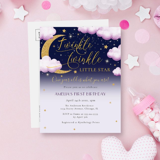 Invitation Carte Postale Premier anniversaire de la petite étoile mignonne  (Créateur téléchargé)