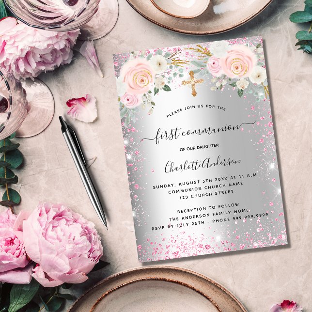 Invitation Carte Postale Première communion fille florales rose argent bril (Créateur téléchargé)