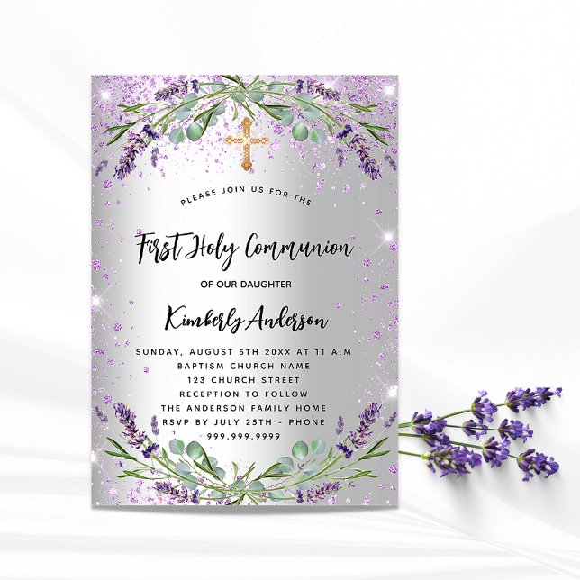 Invitation Carte Postale Première communion lavande argent violet scintille (Créateur téléchargé)