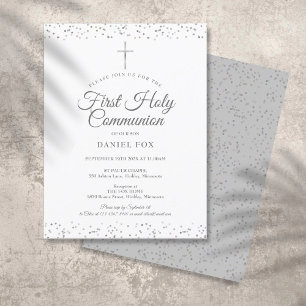 Invitation Carte Postale Première Sainte Communion Élégante Fécule d'argent