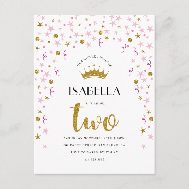 Invitation Carte Postale Princesse 2e anniversaire | Confetti or et rose (Devant)