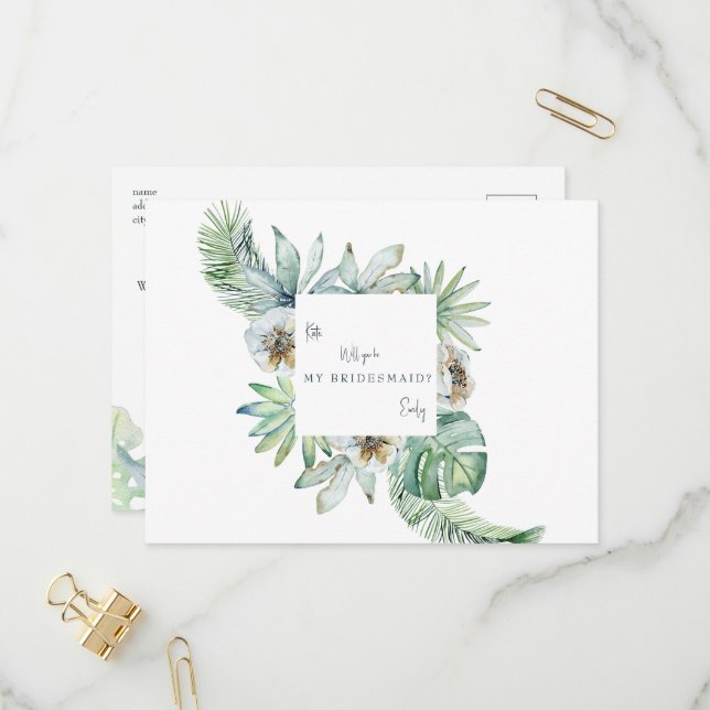 Invitation Carte Postale Projet de Bridesmaid de Mariage blanc de feuillage (Devant/Arrière en situation)