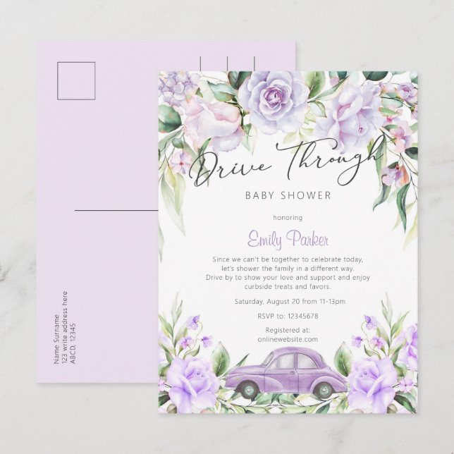 Invitation Carte Postale Promenade violette à travers Baby shower Floral Aq (Devant / Derrière)