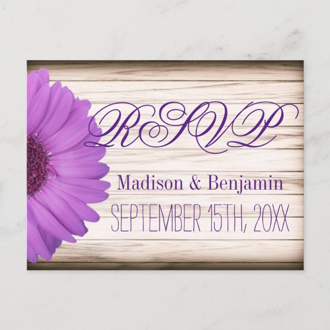 Invitation Carte Postale Purple Daisy Country Rustic Wood RSVP POSTCARDS (Devant)