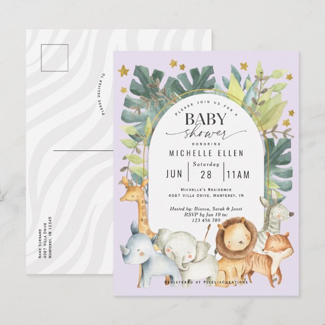 Invitation Carte Postale Purple mignonne jungle safari bébé fille douche (Devant / Derrière)