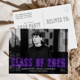Invitation Carte Postale Purple Neon Classe de 2025 Photo Graduation Party
