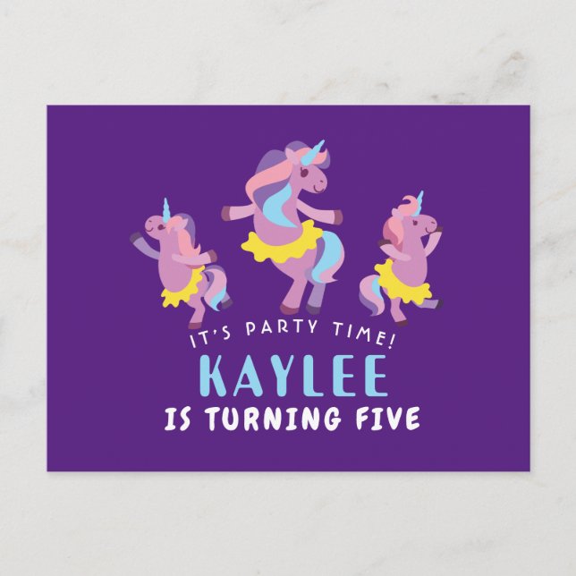 Invitation Carte Postale Purple Rose Danser Unicorn Enfants Anniversaire (Devant)
