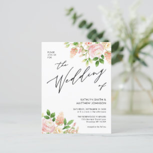 Invitation Carte Postale QR Code Tout en un rose rose Mariage de verdure