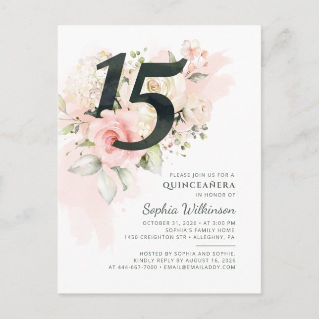 Invitation Carte Postale Quinceanera 15e anniversaire Rustique Floral Moder (Devant)