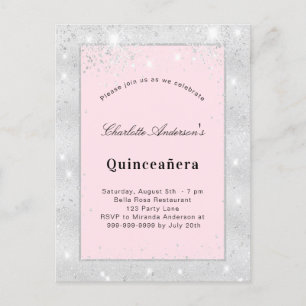 Invitation Carte Postale Quinceanera argent rousse parties scintillant rose