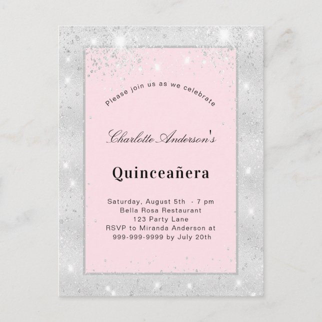 Invitation Carte Postale Quinceanera argent rousse parties scintillant rose (Devant)