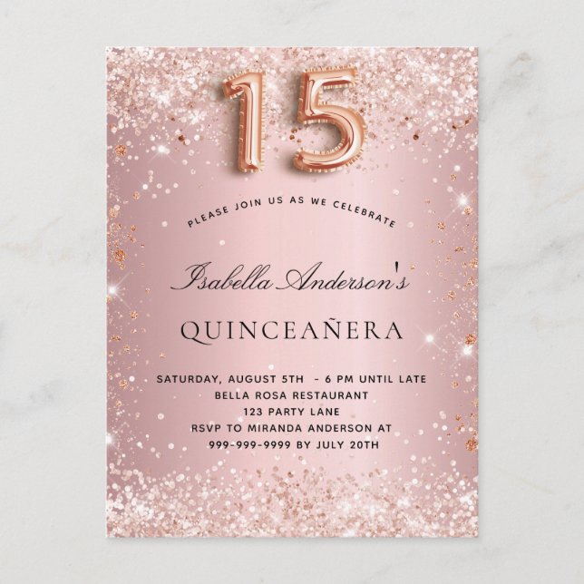 Invitation Carte Postale Quinceanera bleu rose rose rose rose parties scint (Devant)
