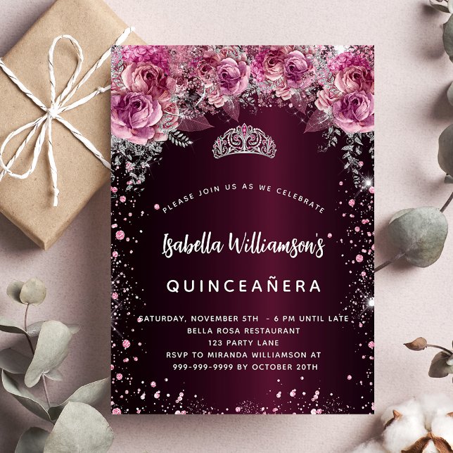 Invitation Carte Postale Quinceanera bordeaux tiara rose (Créateur téléchargé)