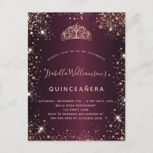 Invitation Carte Postale Quinceanera Bourgogne rose or parties scintillant 