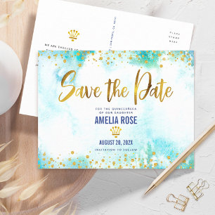 Invitation Carte Postale Quinceañera Date de sauvegarde Turquoise Aquarelle
