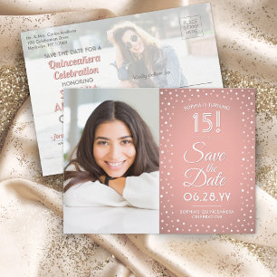 Invitation Carte Postale Quinceañera Enregistrer la date 2 Photo rose Confe