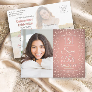Invitation Carte Postale Quinceañera Enregistrer la date 2 Rose photo Gold 