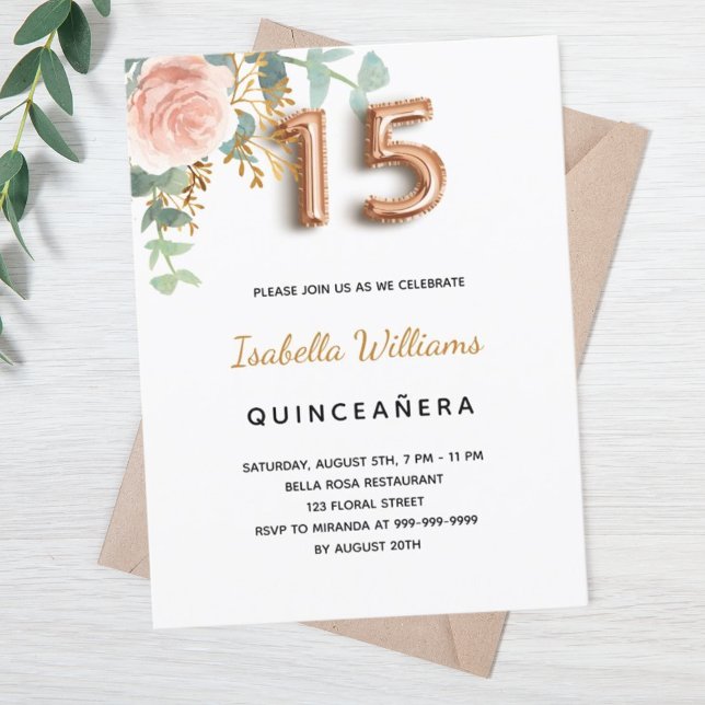 Invitation Carte Postale Quinceanera fleurs rose or vert eucalyptus (Créateur téléchargé)