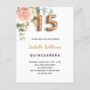 Invitation Carte Postale Quinceanera floral rose or eucalyptus élégant