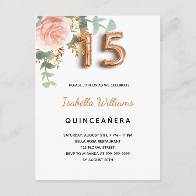 Invitation Carte Postale Quinceanera floral rose or eucalyptus élégant (Devant)