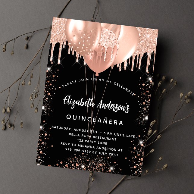 Invitation Carte Postale Quinceanera noir rose or ballons parties scintilla (Créateur téléchargé)